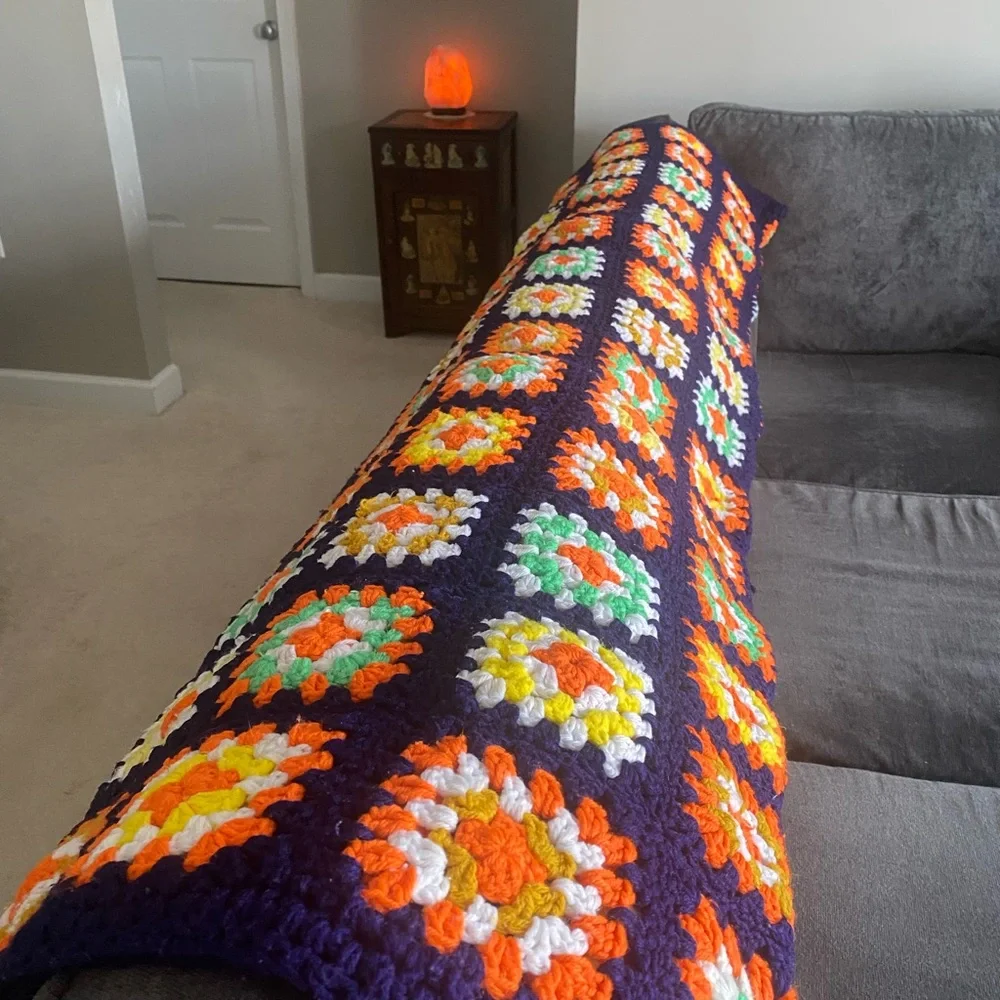 Vintage Afghan - Colorful Crochet Granny Square Blanket Throw EUC